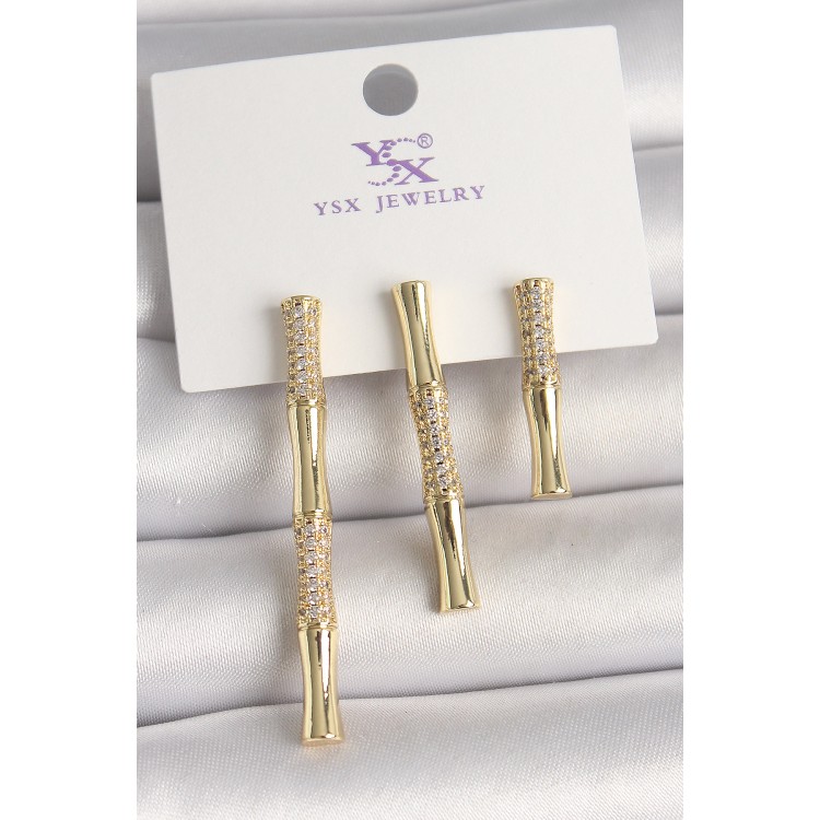Pirinç Gold Renk Zirkon Taşlı Bambu Model 3'Lü Kadın Kombin Küpe - TJ-BKP10463
