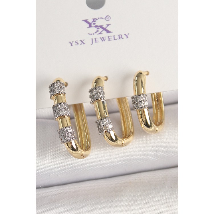 Pirinç Gold Renk 3'Lü Halka Model Gümüş Zirkon Taş Detaylı Kadın Kombin Küpe - TJ-BKP10472