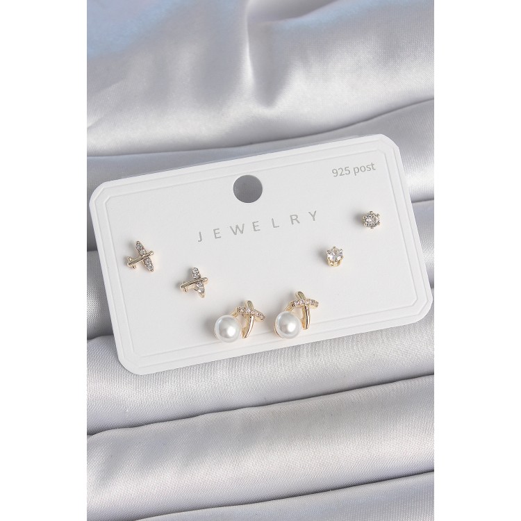 Pirinç Gold Renk Zirkon Taşlı Kelebek Model İnci Detay 925 Ayar Gümüş Çivi Kadın Küpe Seti - TJ-BKP10478