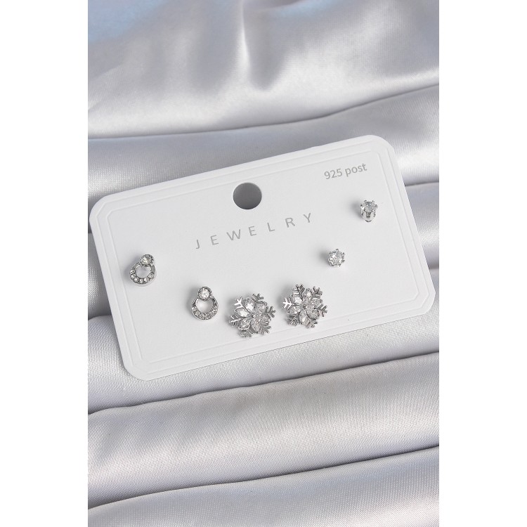 Pirinç Gümüş Renk Zirkon Taşlı Kar Tanesi Model 925 Ayar Gümüş Çivi Kadın Küpe Seti - TJ-BKP10483