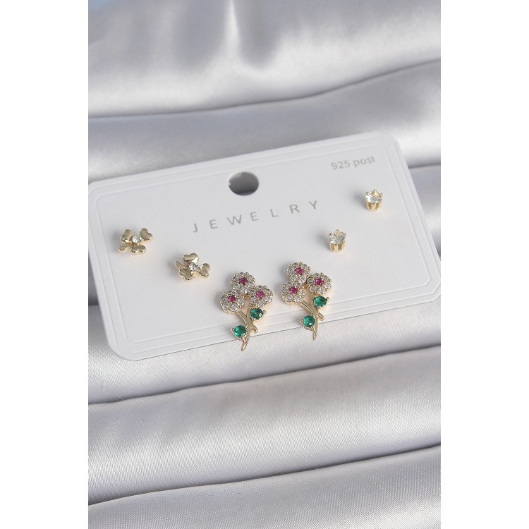 Pirinç Gold Renk Renkli Zirkon Taşlı Çiçek Model Yaprak Detay 925 Ayar Gümüş Çivi Kadın Küpe Seti - TJ-BKP10486