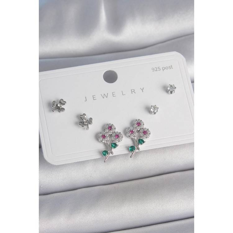 Pirinç Gümüş Renk Renkli Zirkon Taşlı Çiçek Model Yaprak Detay 925 Ayar Gümüş Çivi Kadın Küpe Seti - TJ-BKP10487