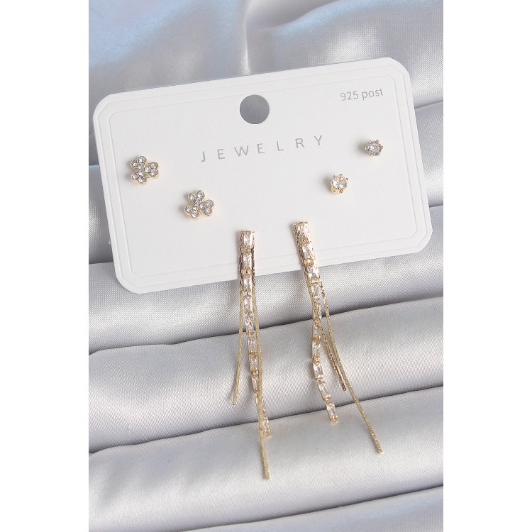 Pirinç Gold Renk Su Yolu Zirkon Taşlı Sallantı Model Çiçek Detay 925 Ayar Gümüş Çivi Kadın Küpe Seti - TJ-BKP10490