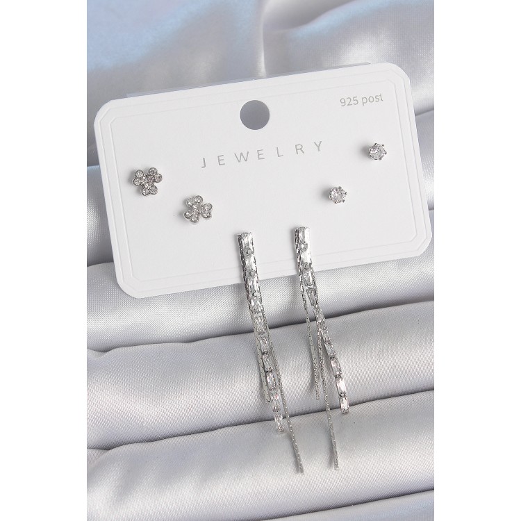 Pirinç Gümüş Renk Su Yolu Zirkon Taşlı Sallantı Model Çiçek Detay 925 Ayar Gümüş Çivi Kadın Küpe Seti - TJ-BKP10491