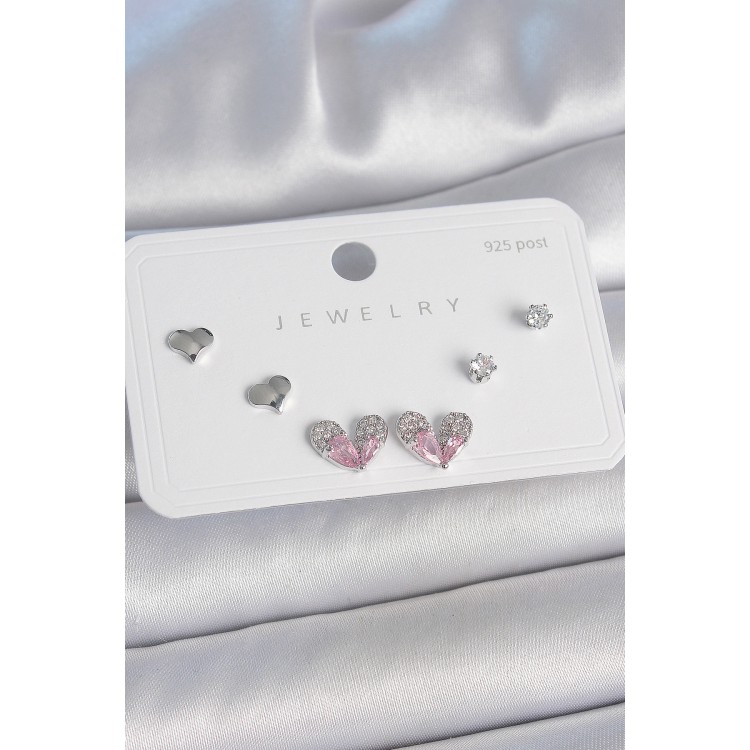 Pirinç Gümüş Renk Pembe Zirkon Taşlı Kalp Model 925 Ayar Gümüş Çivi Kadın Küpe Seti - TJ-BKP10493