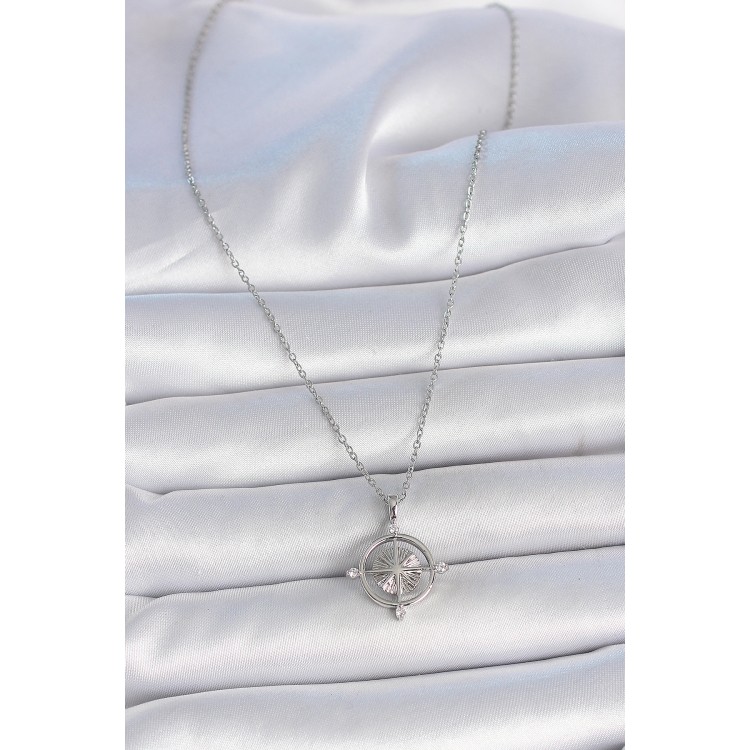 316L Çelik Gümüş Renk Zincir Zirkon Taşlı Pusula Model Kadın Kolye - TJ-BKO10038