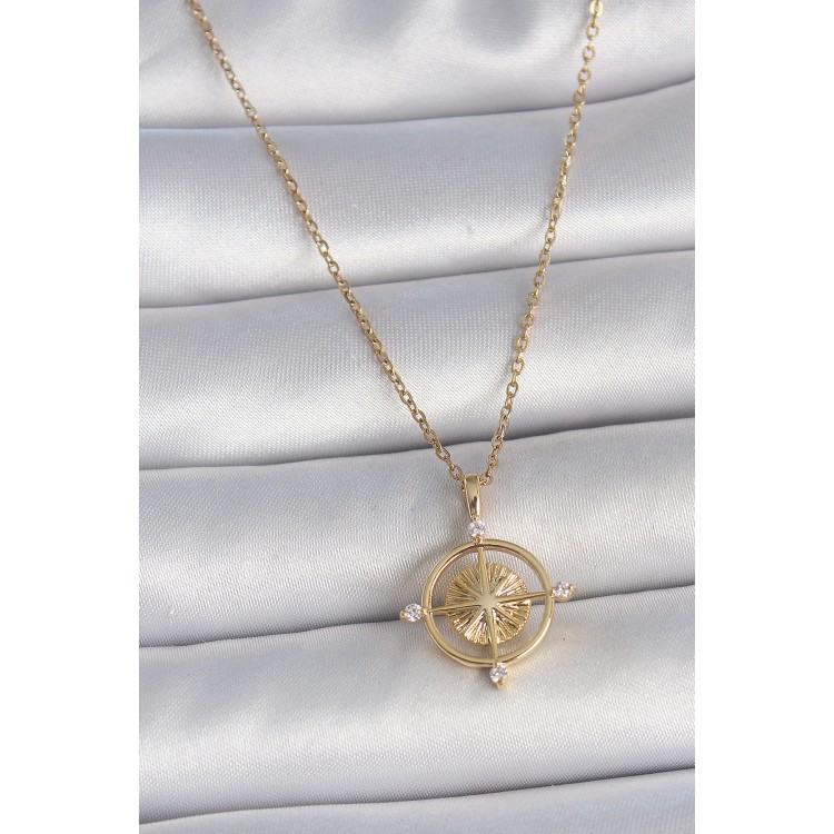 316L Çelik Gold Renk Zincir Zirkon Taşlı Pusula Model Kadın Kolye - TJ-BKO10039