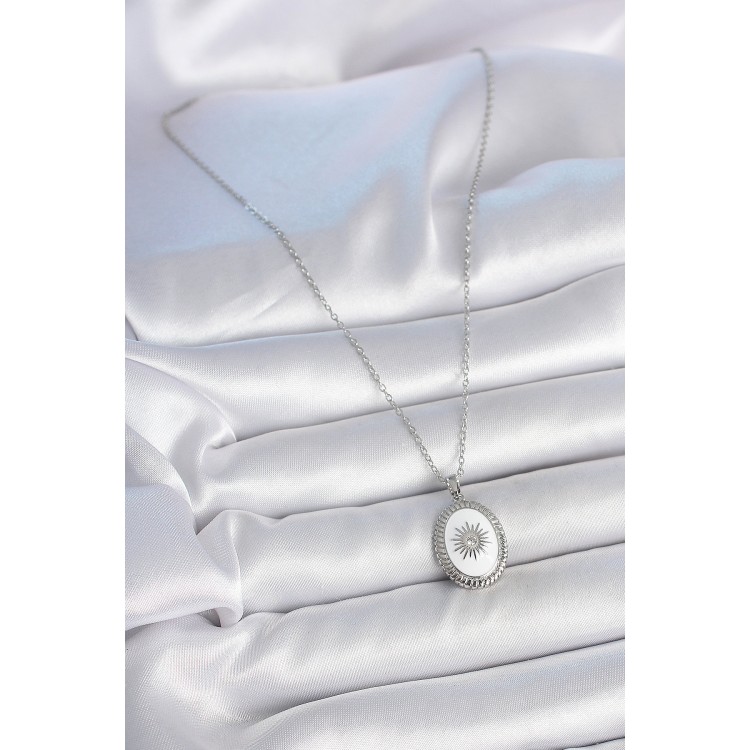 316L Çelik Gümüş Renk Beyaz Mineli Güneş İşlemeli Nazar Boncuk Detay Madalyon Model Kadın Kolye - TJ-BKO10054