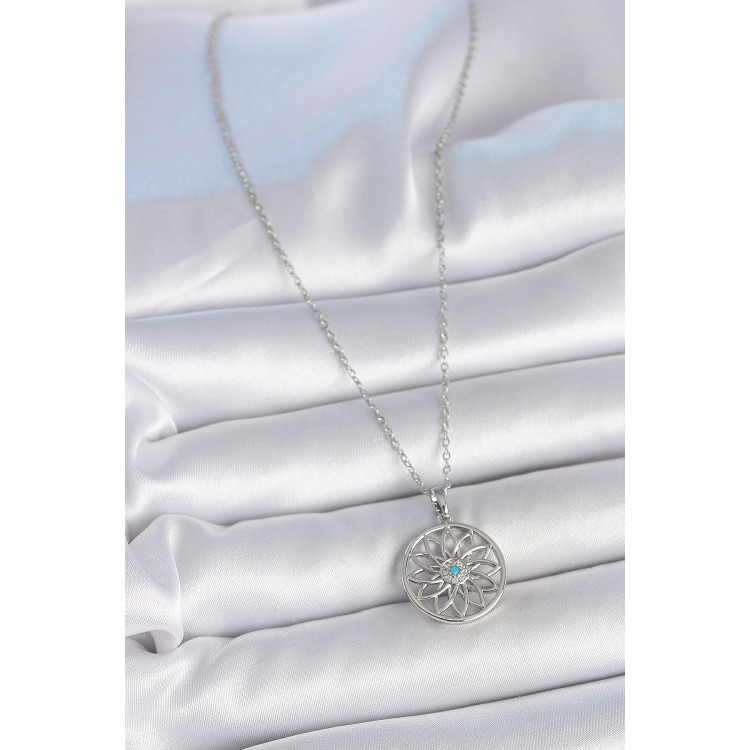 316L Çelik Gümüş Renk Zincir Mavi Taşlı Lotus Model Kadın Kolye - TJ-BKO10060
