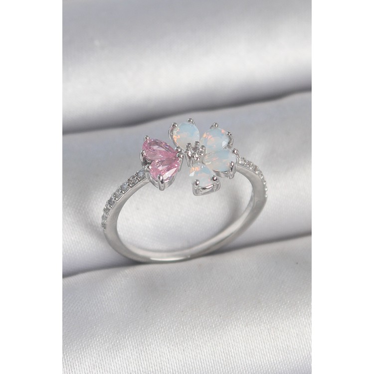 Pirinç Gümüş Renk Beyaz Mineli Pembe Zirkon Taşlı Çiçek Model Kadın Yüzük - TJ-BYK3708