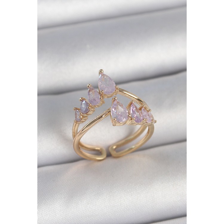 Pirinç Gold Renk Mor Damla Zirkon Taşlı Taç Model Kadın Yüzük - TJ-BYK3715