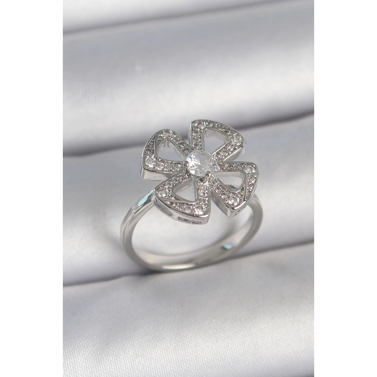 Pirinç Gümüş Renk Zirkon Taşlı Yonca Model Ayarlanabilir Kadın Yüzük - TJ-BYK3718