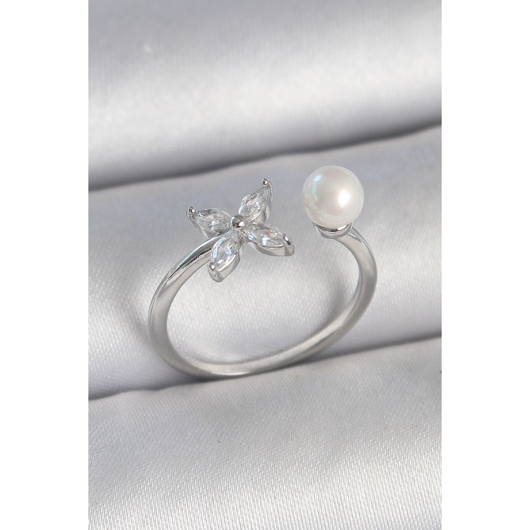 Pirinç Gümüş Renk Zirkon Taşlı Çiçek Model İnci Detay Ayarlanabilir Kadın Yüzük - TJ-BYK3726