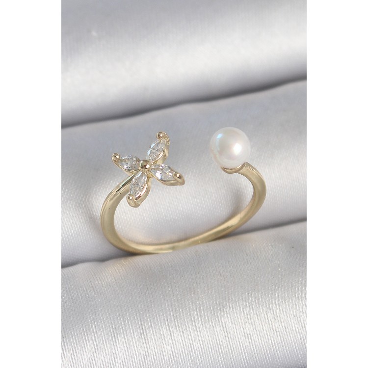 Pirinç Gold Renk Zirkon Taşlı Çiçek Model İnci Detay Ayarlanabilir Kadın Yüzük - TJ-BYK3727