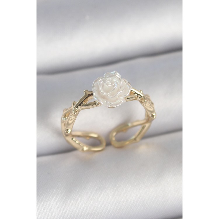 Pirinç Gold Renk Beyaz Gül Model Ayarlanabilir Kadın Yüzük - TJ-BYK3731