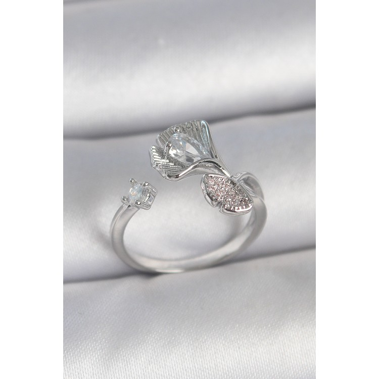 Pirinç Gümüş Renk Zirkon Taşlı Deniz Kabuğu Model Ayarlanabilir Kadın Yüzük - TJ-BYK3740