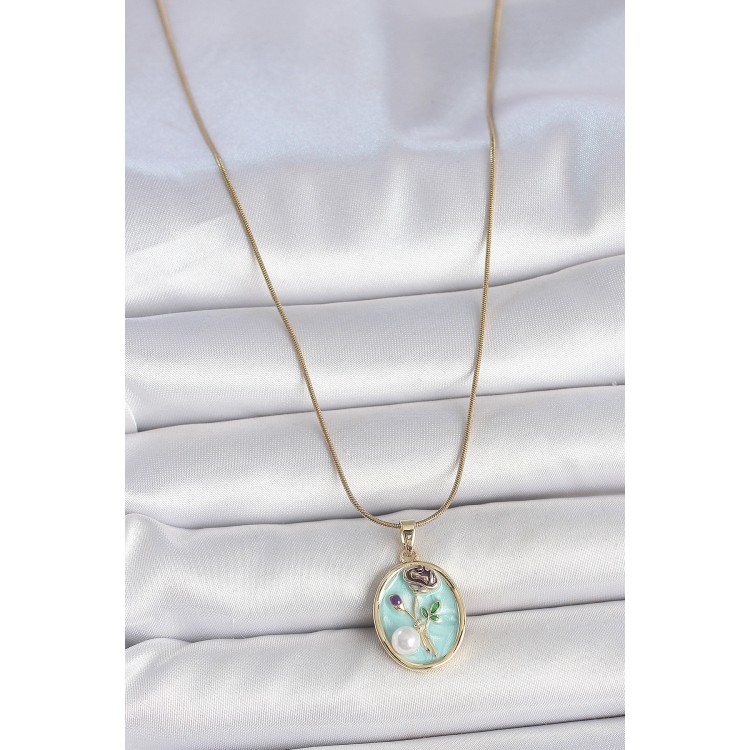 316L Çelik Gold Renk Zincir Mavi Çiçek İşlemeli İnci Detay Portre Model Kadın Kolye - TJ-BKO10076