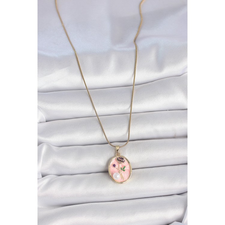 316L Çelik Gold Renk Zincir Pembe Çiçek İşlemeli İnci Detay Portre Model Kadın Kolye - TJ-BKO10077