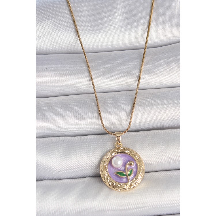 316L Çelik Gold Renk Zincir Mor Çiçek İşlemeli İnci Detay Potre Model Kadın Kolye - TJ-BKO10081