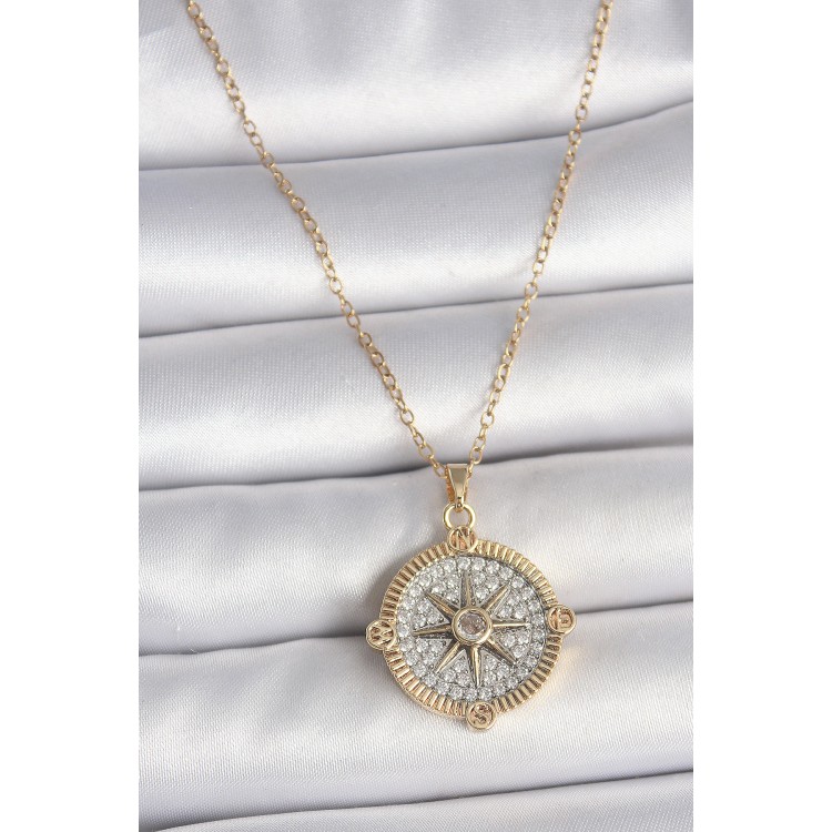 316L Çelik Gold Renk Zirkon Taşlı Pusula Model Kadın Kolye - TJ-BKO10093