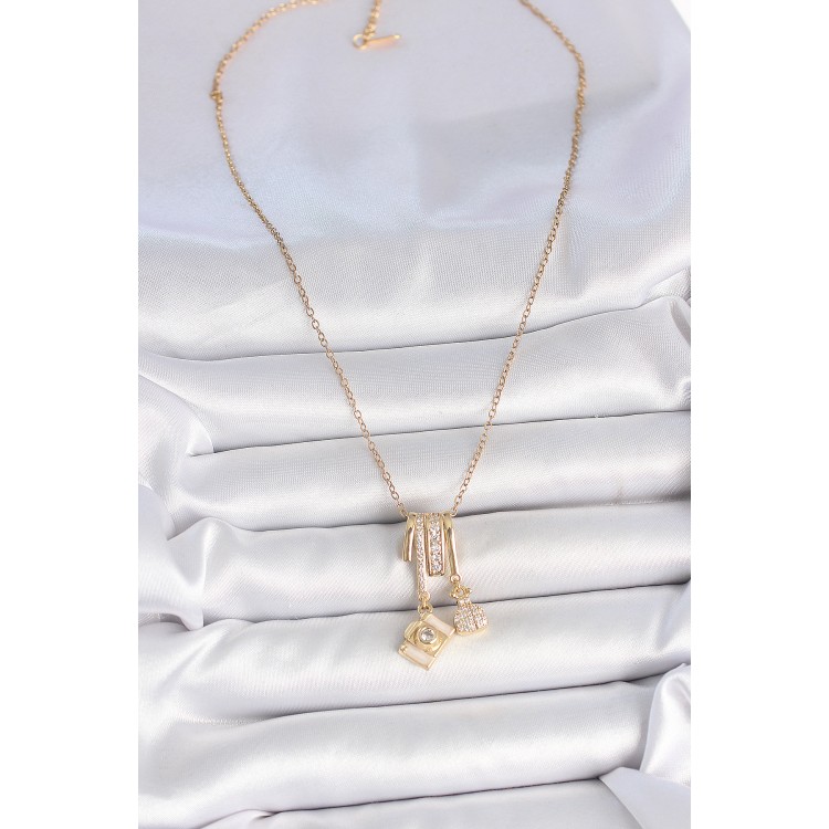 316L Çelik Gold Renk Zirkon Taşlı Sallantı Fotoğraf Makinası Figür Charm Kadın Kolye - TJ-BKO10097