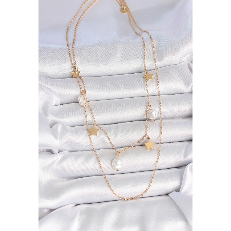 316L Çelik Gold Renk 2'Li Zincir Sallantı Yıldız İnci Model Kadın Kolye - TJ-BKO10110
