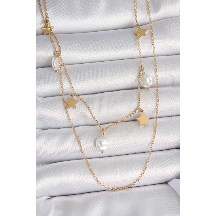 316L Çelik Gold Renk 2'Li Zincir Sallantı Yıldız İnci Model Kadın Kolye - TJ-BKO10110