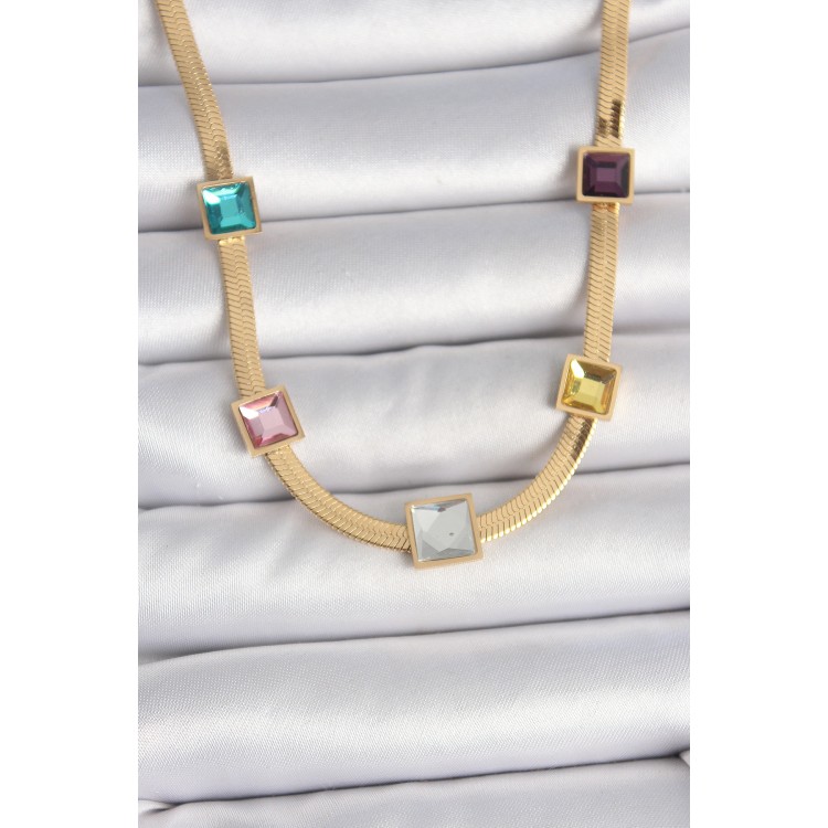 316L Çelik Gold Renk İtalyan Zincir Model Kare Renkli Zirkon Taşlı Kadın Kolye - TJ-BKO10118