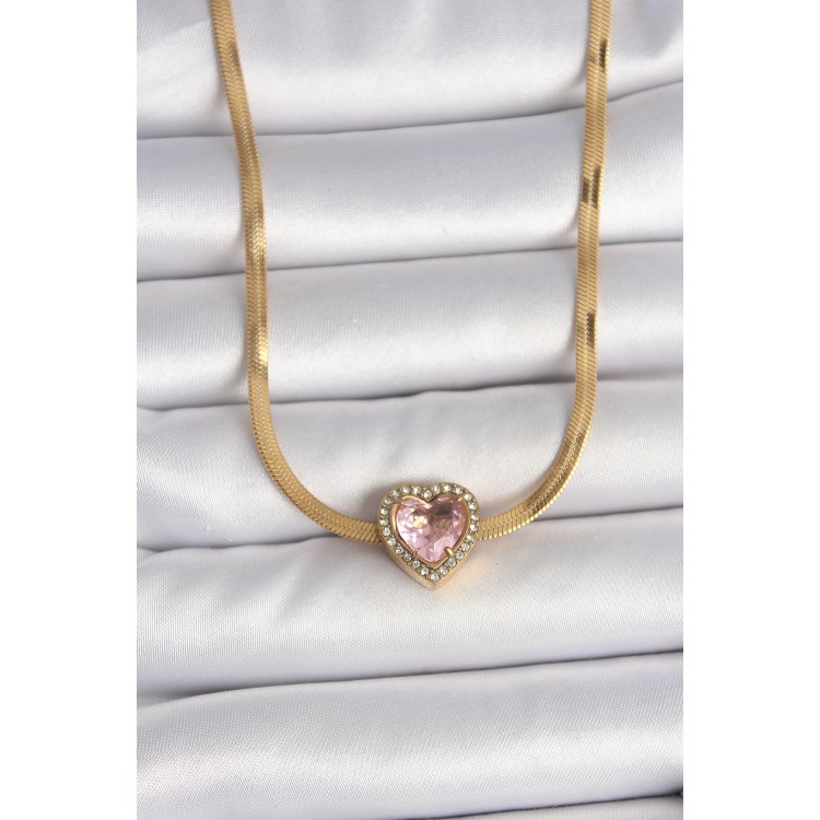316L Çelik Gold Renk İtalyan Zincir Pembe Zirkon Taşlı Kalp Model Kadın Kolye - TJ-BKO10120
