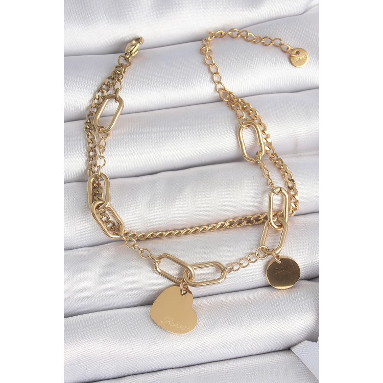 316L Çelik Gold Renk 2'Li Zincir Model Sallantı Kalp Figür Kadın Bileklik - TJ-BB6953
