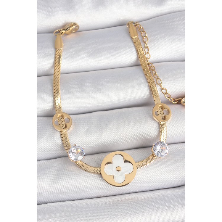 316L Çelik Gold Renk İtalyan Zincir Beyaz Mineli Yonca Model Zirkon Taş Detaylı Kadın Bileklik - TJ-BB6954