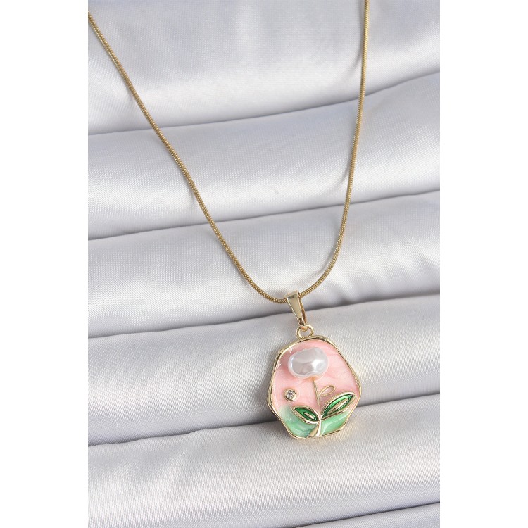 316L Çelik Gold Renk Zincir Pembe Çiçek İşlemeli İnci Detay Portre Model Kadın Kolye - TJ-BKO10125