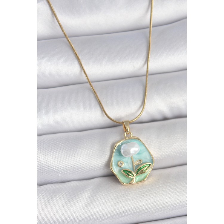 316L Çelik Gold Renk Zincir Mavi Çiçek İşlemeli İnci İşlemeli Portre Model Kadın Kolye - TJ-BKO10126