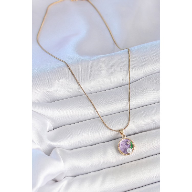 316L Çelik Gold Renk Zincir Mor Çiçek İşlemeli Zirkon Taş İnci Detaylı Minimal Portre Model Kadın Kolye - TJ-BKO10134