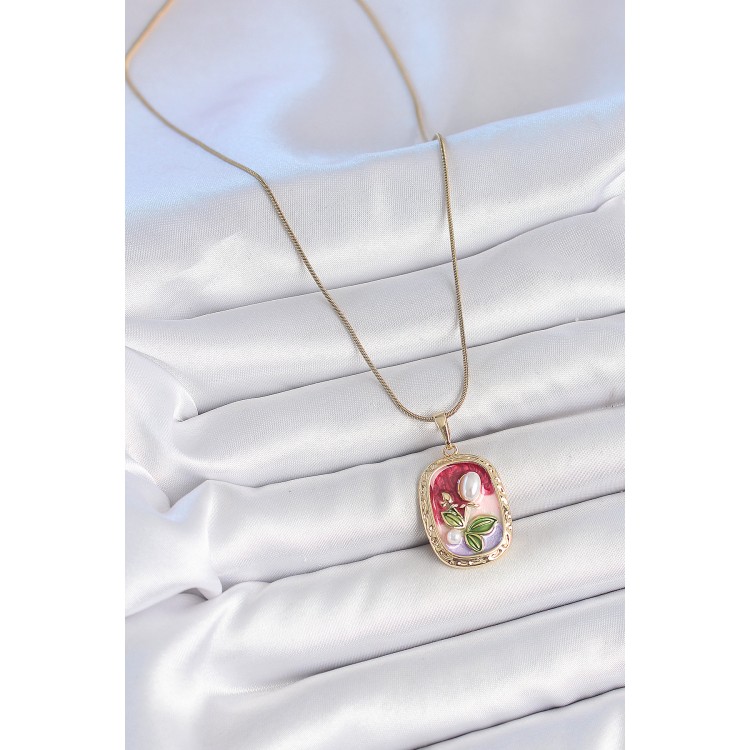 316L Çelik Gold Renk Zincir Mix Renk İncili Çiçek İşlemeli Portre Model Kadın Kolye - TJ-BKO10154