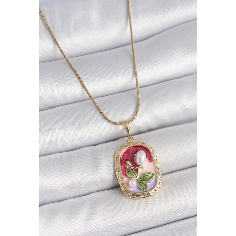 316L Çelik Gold Renk Zincir Mix Renk İncili Çiçek İşlemeli Portre Model Kadın Kolye - TJ-BKO10154