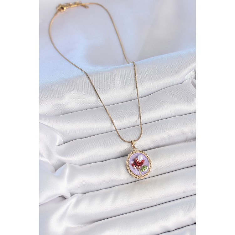 316L Çelik Gold Renk Zincir Mor Mineli İncili Çiçek İşlemeli Portre Model Kadın Kolye - TJ-BKO10156