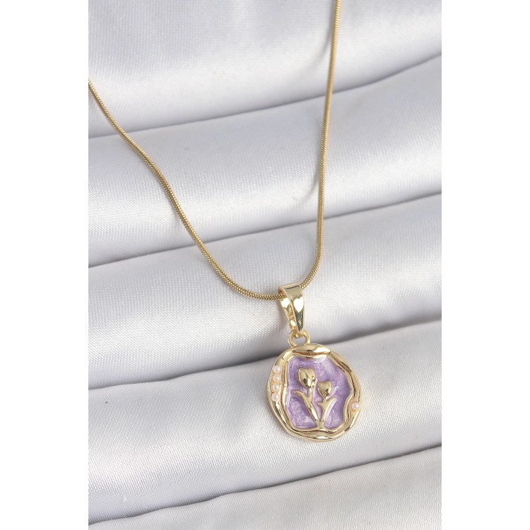 316L Çelik Gold Renk Zincir Mor Mineli Çiçek İşlemeli Portre Model Kadın Kolye - TJ-BKO10164