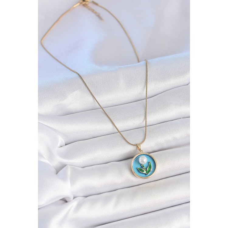 316L Çelik Gold Renk Zincir Mavi Mineli İncili Çiçek İşlemeli Portre Model Kadın Kolye - TJ-BKO10168