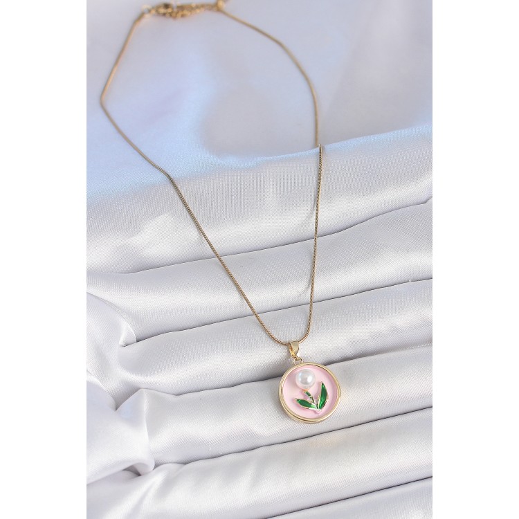 316L Çelik Gold Renk Zincir Pembe Mineli İncili Çiçek İşlemeli Portre Model Kadın Kolye - TJ-BKO10169