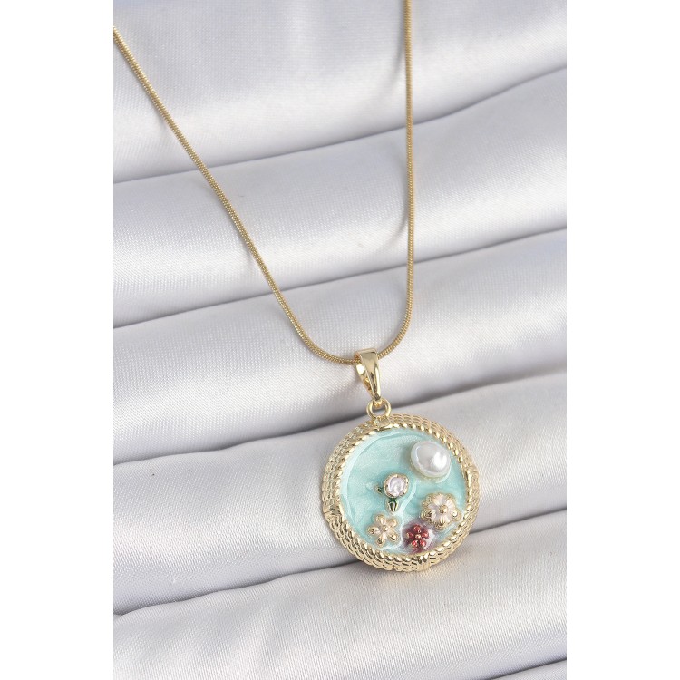 316L Çelik Gold Renk Zincir Mavi Mineli İnci Çiçek İşlemeli Zirkon Taş Detaylı Madalyon Model Kadın Kolye - TJ-BKO10174