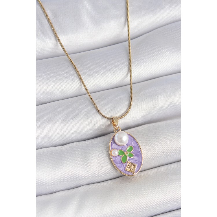 316L Çelik Gold Renk Zincir Mor Mineli Oval İncili Çiçek İşlemeli Portre Model Kadın Kolye - TJ-BKO10177