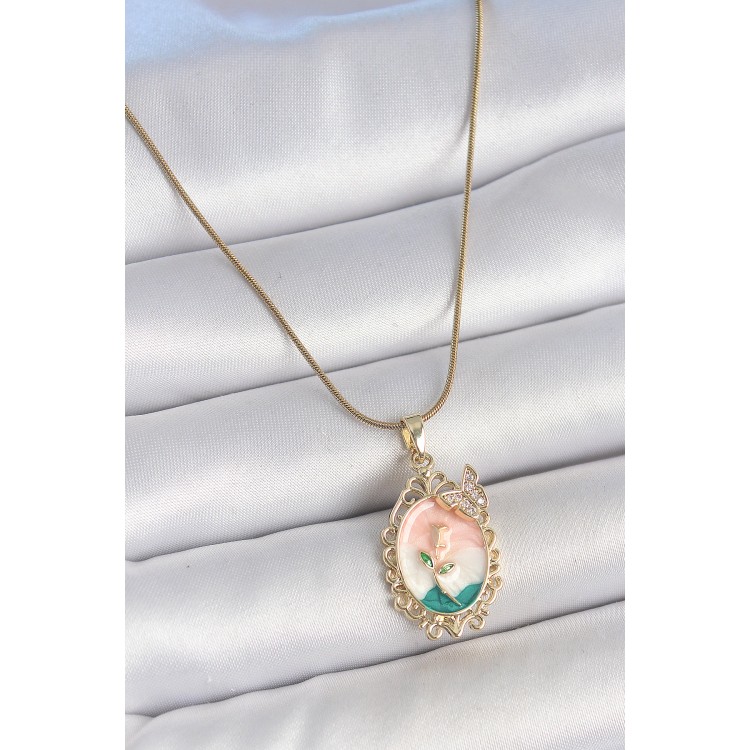 316L Çelik Gold Renk Zincir Mix Renk Çiçek İşlemeli Zirkon Taş Detaylı Portre Model Kadın Kolye - TJ-BKO10182
