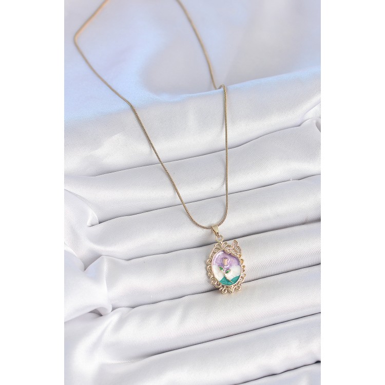 316L Çelik Gold Renk Zincir Mix Renk Mineli Çiçek İşlemeli Zirkon Taş Detaylı Portre Model Kadın Kolye - TJ-BKO10184