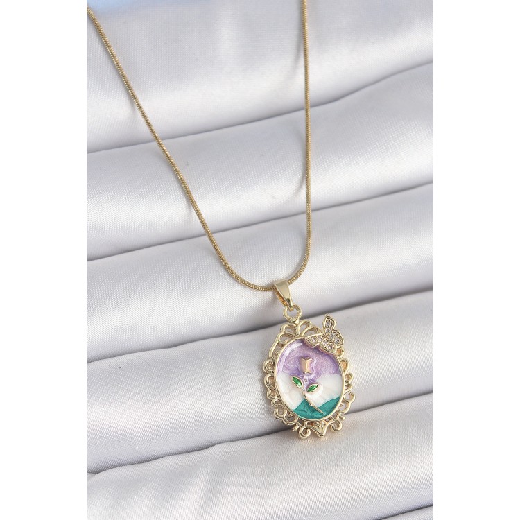 316L Çelik Gold Renk Zincir Mix Renk Mineli Çiçek İşlemeli Zirkon Taş Detaylı Portre Model Kadın Kolye - TJ-BKO10184