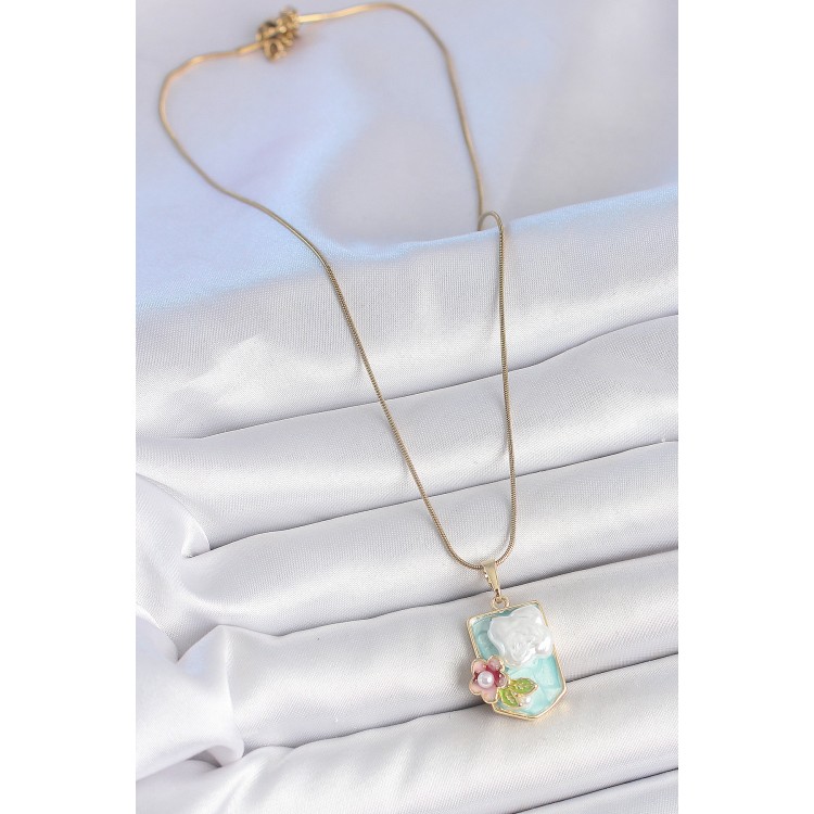 316L Çelik Gold Renk Zincir Mavi Mineli İncili Çiçek İşlemeli Portre Model Kadın Kolye - TJ-BKO10187