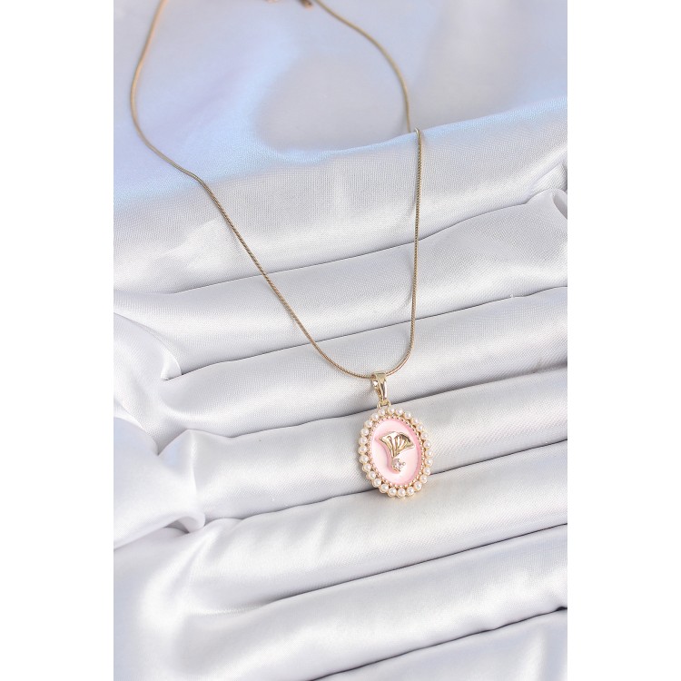 316L Çelik Gold Renk Zincir Pembe Mineli İncli Zirkon Taşlı Çiçek İşlemeli Portre Model Kadın Kolye - TJ-BKO10194