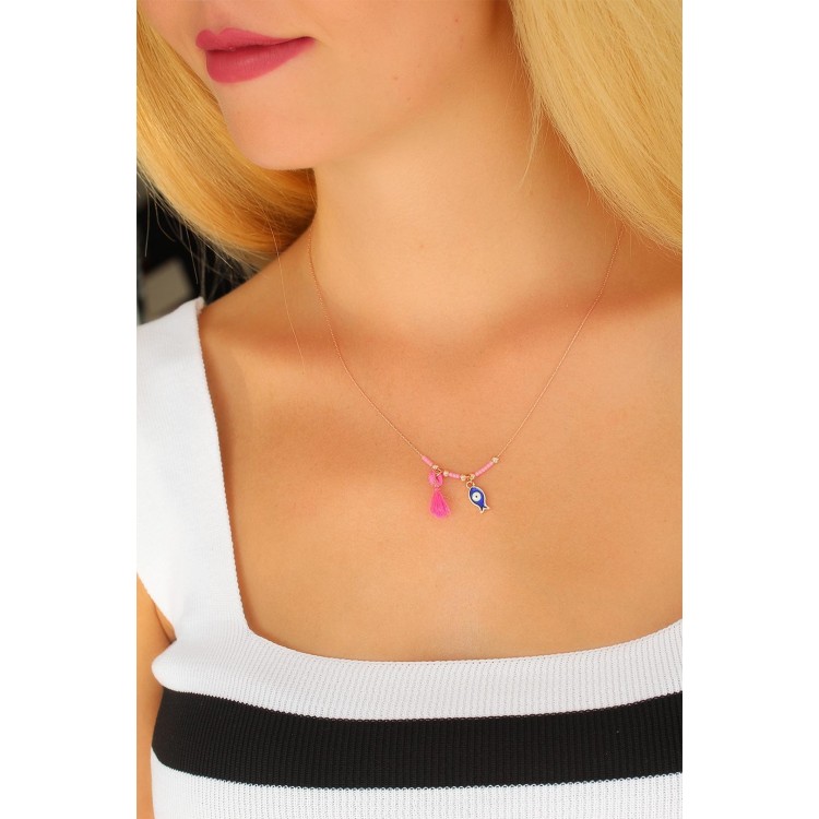 Nazar Boncuklu Pembe Renk Taşlı Rose Bayan Kolye - TJ-BKO4372