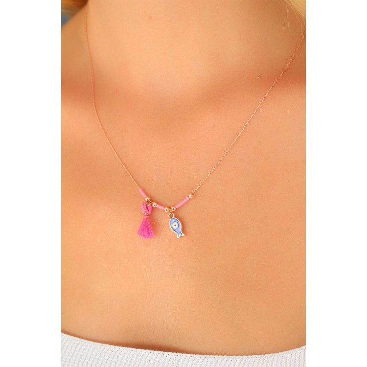 Nazar Boncuklu Pembe Renk Taşlı Rose Bayan Kolye - TJ-BKO4372