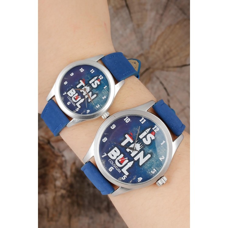 İstanbul Tasarım Lacivert Deri Kordonlu Sevgili Saatleri - TJ-SGK1368